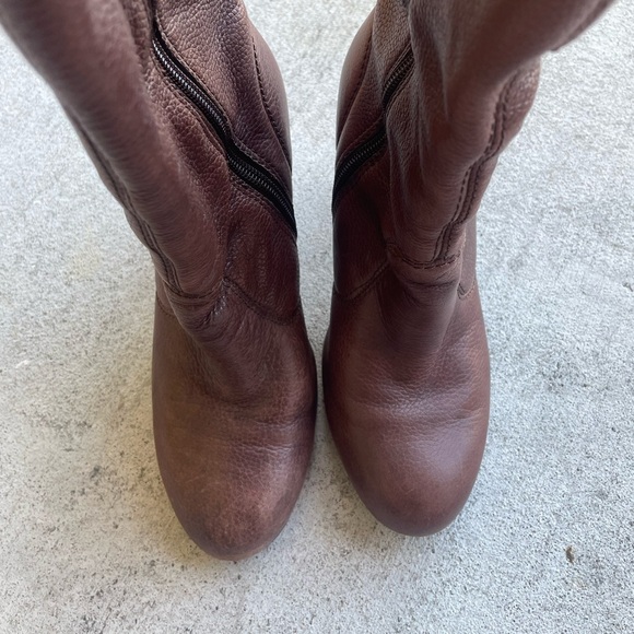 Miss Sixty Leather Brown Wood Heeled Boots 6.5 Narrow Chunky 90s Mid Calf Retro - Picture 5 of 8